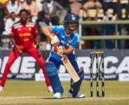Ishan Kishan plays a shot for India during the second Twenty20 international against Zimbabwe in Harare..  By Jekesai NJIKIZANA (AFP)