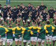 New Zealand players perform the Haka in front of South Africa before the third Test in Johannesburg last weekend.  By GIANLUIGI GUERCIA (AFP)