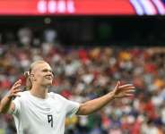 Norways Erling Haaland celebrates scoring his teams winner in a 2-1 victory over Ivory Coast. By Paul ELLIS (AFP)