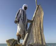 Samata Mahmoud unfurls the sail on his lanche boat in Mauritanias Banc dArguin National Park.  By PATRICK MEINHARDT (AFP)