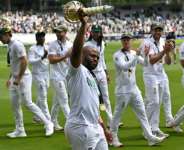 South Africa captain Temba Bavuma shows off the World Test Championship mace after his side beat Australia at Lords in the 2025 final.  By Glyn KIRK (AFP/File)