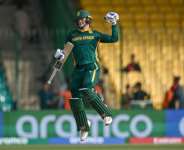 South Africas Ryan Rickelton celebrates after reaching his  hundred against Afghanistan in Karachi.  By Rizwan TABASSUM (AFP)