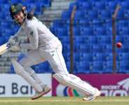 South Africas Tony De Zorzi plays a shot on his way to 177 against Bangladesh.  By TANVIN TAMIM (AFP)