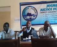 Jeema Spokes person Kaggwa Swaib adressing a press conference.