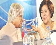 Scientist APJ Abdul Kalam with Rokia Afzal Rahman the president of MCCI at their 110th anniversary celebrations at Bangabandhu International Conference Centre in Dhaka.
