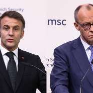 French President Emmanuel Macron and German Chancellor Friedrich Merz, on 13 February, 2026 at the Munich Conference. -  Liesa Johannssen / REUTERS / Montage RFI