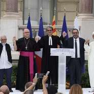 (From L) Venerable Jean-Franois Honin-Rosa, Archpriest Khatchadour Boghossian, Nices bishop Jean Philippe Nault, pastor Paolo Morlachetti, Grand Rabbin Franck Teboul, Spiritual guide of the Sufi order Khaled Bentounes and Archpriest of the Ecumenical Throne Michel Seliniotakis led the interfaith ceremony commemorating the victims of the Bastille Day 2016 attack. - AFP - VALERY HACHE