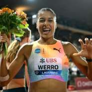 Switzerlands Audrey Werro celebrates after winning the womens 800m at the Lausanne Diamond League.  By Fabrice COFFRINI (AFP)