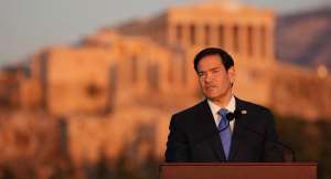 US Secretary of State Marco Rubio speaks at the Pnyx hill, where ancient Athenians held democratic assemblies, with the Acropolis in the background, on October 7, 2026. -  Mark Schiefelbein, Reuters