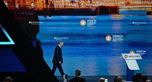 Russian President Vladimir Putin arrives for the plenary session of the St. Petersburg International Economic Forum (SPIEF) in Saint Petersburg on June 5, 2026. -  Olga Maltseva, AFP