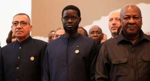 Sao Tom and Prncipe President Carlos Manuel Vila Nova, Senegals President Bassirou Diomaye Faye and Ghanas President John Dramani Mahama attend the slavery reparations summit in Accra, 18 June. - REUTERS - Francis Kokoroko