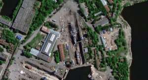 Satellite image provided by Vantor shows fire crews working to control the fires onboard the Russian guided-missile corvette Boikiy at the Kronstadt naval base west of St. Petersburg, Russia, June 3, 2026. - Vantor via AP
