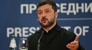 Ukrainian President Volodymyr Zelensky, during a press conference on August 8, 2026, in Belgrade, with his Serbian counterpart Aleksandar Vucic. -  Andrej Isakovic, AFP