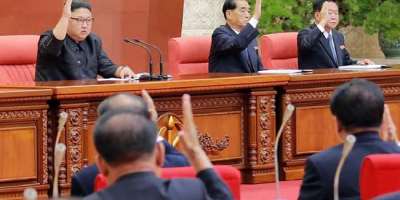 Kim Jong-un (C) attends the Second Plenum of the 7th Central Committee of the Workers Party of Korea (WPK) in Pyongyang. Picture: AFP.