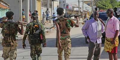 Somali soldiers patrol a street after supporters of opposition political figures and state security forces clashed in Mogadishu in June. - AP Photo/Farah Abdi Warsameh - Farah Abdi Warsameh