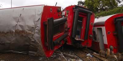 The overturned carriages of the train that derailed at Eseka, around 100 kilometres from Yaound in Cameroon on 21 October 2016. - AP - Joel Kouam