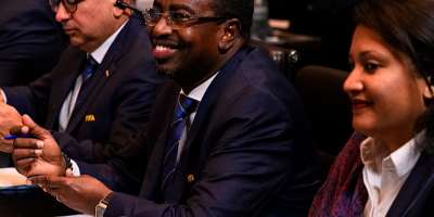 Souleiman Waberi (centre) pictured at a Fifa council meeting last October. Photograph: Marcio Machado/Fifa/Getty Images