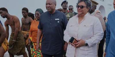 Ghanas President John Dramani Mahama (L), Barbados Prime Minister Mia Amor Mottley (C) and Ghanaian Foreign Minister Samuel Okudzeto Ablakwa (R) arrive at Osu Castle in Accra for a ceremony commemorating the abolition of slavery, 19 June 2026. -  AP Photo/Reuben Ekow Quansah