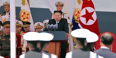 North Korean leader Kim Jong Un speaks during a commissioning ceremony of the destroyer Choe Hyon at the port in Nampo on June 23, 2026. -  KCNA via KNS via AP