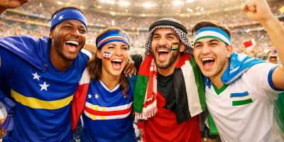 An image capturing four football fans from Cura&ccedil;ao, Cape Verde, Jordan, and Uzbekistan together in the stadium.