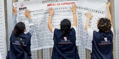 Peruvian electoral workers place a polling station list in Lima, Peru on June 6, 2026. - Stifs Paucca, Reuters