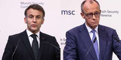 French President Emmanuel Macron and German Chancellor Friedrich Merz, on 13 February, 2026 at the Munich Conference. - Liesa Johannssen / REUTERS / Montage RFI