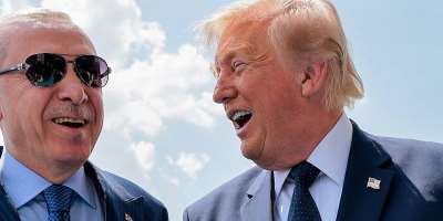 US President Donald Trump is greeted by Turkish President Tayyip Erdogan after arriving at Etimesgut Air Base in Ankara, Turkey on July 7, 2026. -  Jonathan Ernst, Reuters