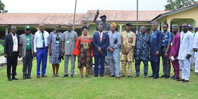 Prof. Aremu (7th left) posing for a group photo with select Deans and Directors shortly after the Special Senate in his honour