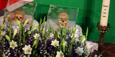 The skulls of Herero and ethnic Nama people from Namibia displayed during a ceremony in Berlin in August 2018, before Germany handed the remains back to Namibia. -  Christian Mang/Reuters