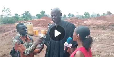 Scenes at the galamsey site with Nana Amoakohene Pakyi Nkosuohene being interviewed by journalists