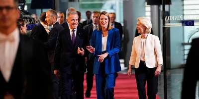 Canadian Prime Minister Mark Carney with President of the European Parliament Roberta Metsola and President of the European Commission Ursula von der Leyen at the European Parliament in Strasbourg, France on September 16, 2026. -  Justin Tang, The Canadian Press via AP