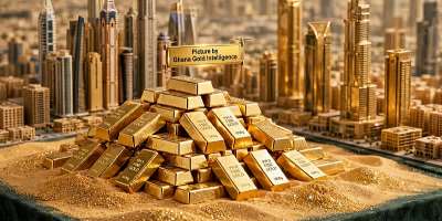 Illustrative AI-generated image depicting gold bullion against a stylised Dubai skyline. Image credit Ghana Gold Intelligence.