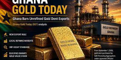 Caption: Editorial illustration on Ghanas gold refining policy.Image credit: Original illustration created for Ghana Gold Today (GGT).