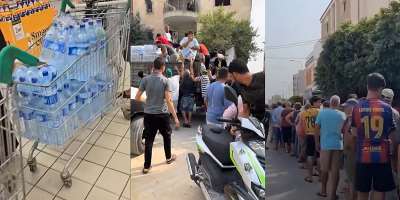 At left: this is a screengrab of a video shared on TikTok by mchalbi on August 31. Middle: This image shows bottled water being distributed. It was posted on X by the Rafael Sereti account on August 31. At right: This image shows a long line of people waiting for water being distributed by a group called  Socit Lespoir in Teboulba near Monastir. -  X / TikTok