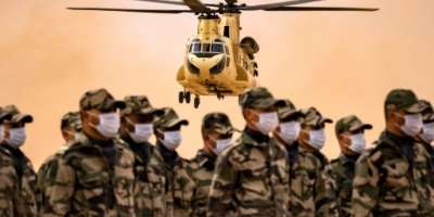 A Royal Moroccan Air Force CH-47 Chinook military helicopter takes off: more than 7,500 personnel from a dozen countries took part in the African Lion exercises.  By FADEL SENNA AFP