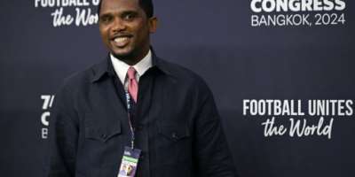 Cameroon delegate Samuel Etoo at the 2024 FIFA congress in Bangkok..  By Lillian SUWANRUMPHA (AFP)