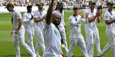 South Africa captain Temba Bavuma shows off the World Test Championship mace after his side beat Australia at Lords in the 2025 final.  By Glyn KIRK (AFP/File)