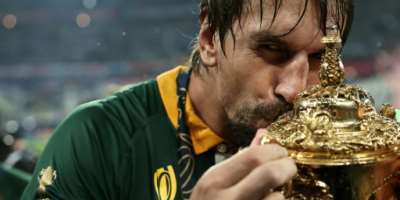 Springbok lock Eben Etzebeth kisses the Webb Ellis Cup after South Africa won the 2023 Rugby World Cup in France.  By FRANCK FIFE AFP