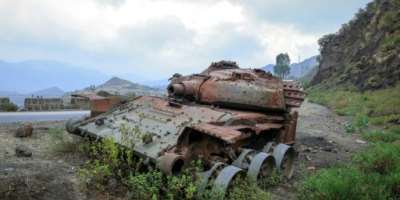 The charred remains of a tank from clashes between the Ethiopian military and the Tigray People€s Liberation Front (TPLF) in March, as tensions build.  By Abel Gerezgiher (AFP)