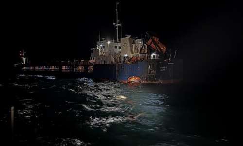 A handout photograph released by Bulgarias Interior Ministry on October 13, 2026, shows the Ukrainian-owned cargo ship Chelsea 3 which was hit by three aerial drones in Bulgarias exclusive economic zone in Black Sea. -  Handout from Ministry of Interior Bulgaria via AFP