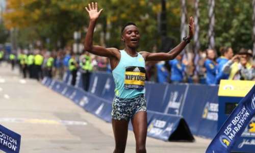 Diana Kipyokei won the women's race at the 2021 Boston Marathon in a time of two hours 24 minutes and 45 seconds
