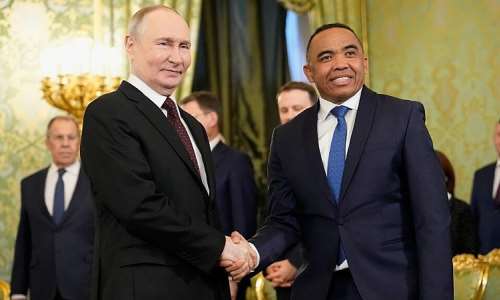 Russian President Vladimir Putin, left, shakes hands with Madagascar’s President Michal Randrianirina during a meeting at the Kremlin in Moscow on 19 February 2026, as ties between the two countries deepen. - AP - Alexander Zemlianichenko