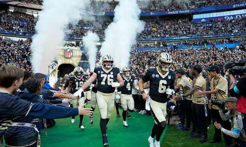 New Orleans Saints quarterback Tyler Shough (6) leads the team onto the field for an NFL football game against Pittsburgh Steelers in Saint-Denis, near Paris, October 25, 2026. - AP Photo/Steve Luciano - Steve Luciano