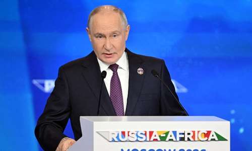 Russian President Vladimir Putin gives a speech during the Russia-Africa economic and humanitarian forum at the Gostiny Dvor conference centre in central Moscow on October 28, 2026. -  Igor Ivanko, AFP