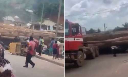 Sad news hit Bogoso again as timber logs reportedly fall on three cars, one person feared dead