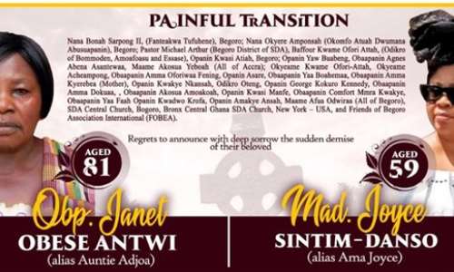 Obituary: Funeral Rites for Janet Obese Antwi, 81, and Joyce Sintim-Danso, 59