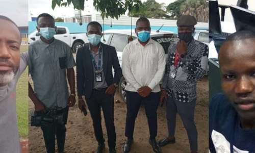 From left to right, Justino Campos, Daniel Lutaka, Anselmo Nhati, Orlando Luis, António Luamba, and Telmo Gama; the six reporters were assaulted while covering a nationwide strike in Angola on January 10, 2022. (Campos; Nhati; Gama)