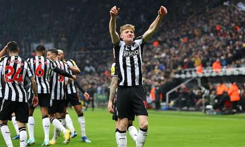 Anthony Gordon of Newcastle United celebrates after scoring the team's first goal during the Premier League match between Newcastle United and Manchester United at St. James Park on December 02, 2023 in Newcastle upon Tyne, England.Image credit: Getty Images