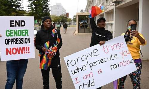 LGBTQ activists in Botswana respond to the Coalition of Botswana Christian Churches against homosexuality, July 22, 2023 that protested legislation seeking to make same-sex relation legal. - AFP - MONIRUL BHUIYAN