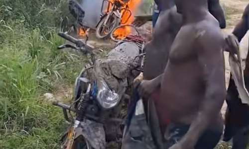 Galamseyer breaks down in tears after NAIMOS officials burn motorcycle during operation